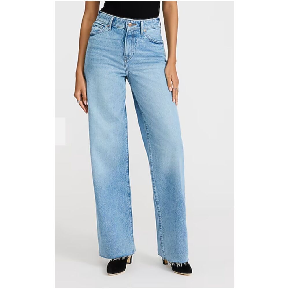 Express High Waisted Light Wash Wide Leg Jeans Sz 16 Raw Hem 50/50 Rigid Stretch